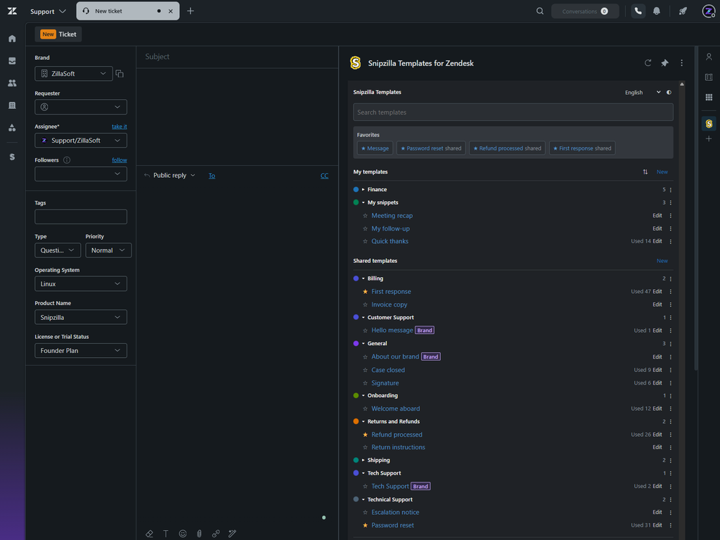 El panel de Snipzilla Templates abierto en un ticket de Zendesk, con favoritos y plantillas personales y compartidas en carpetas de colores