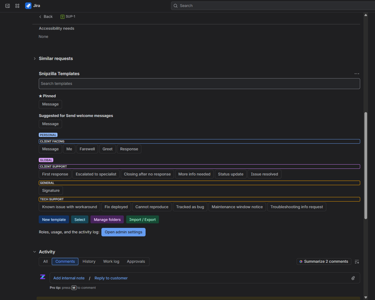 The templates panel in dark theme