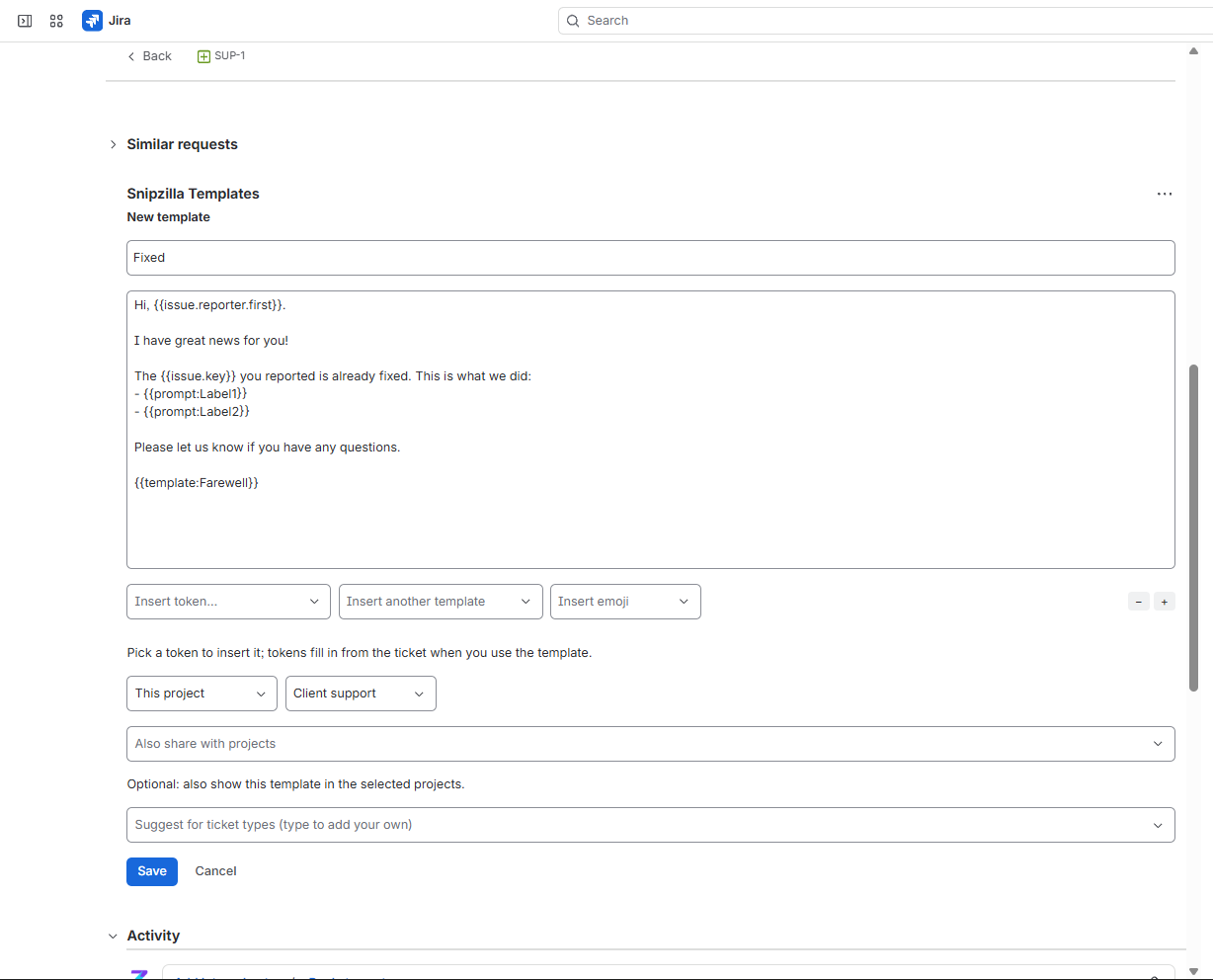 The template editor with dynamic tokens, insert dropdowns, scopes, and ticket type suggestions
