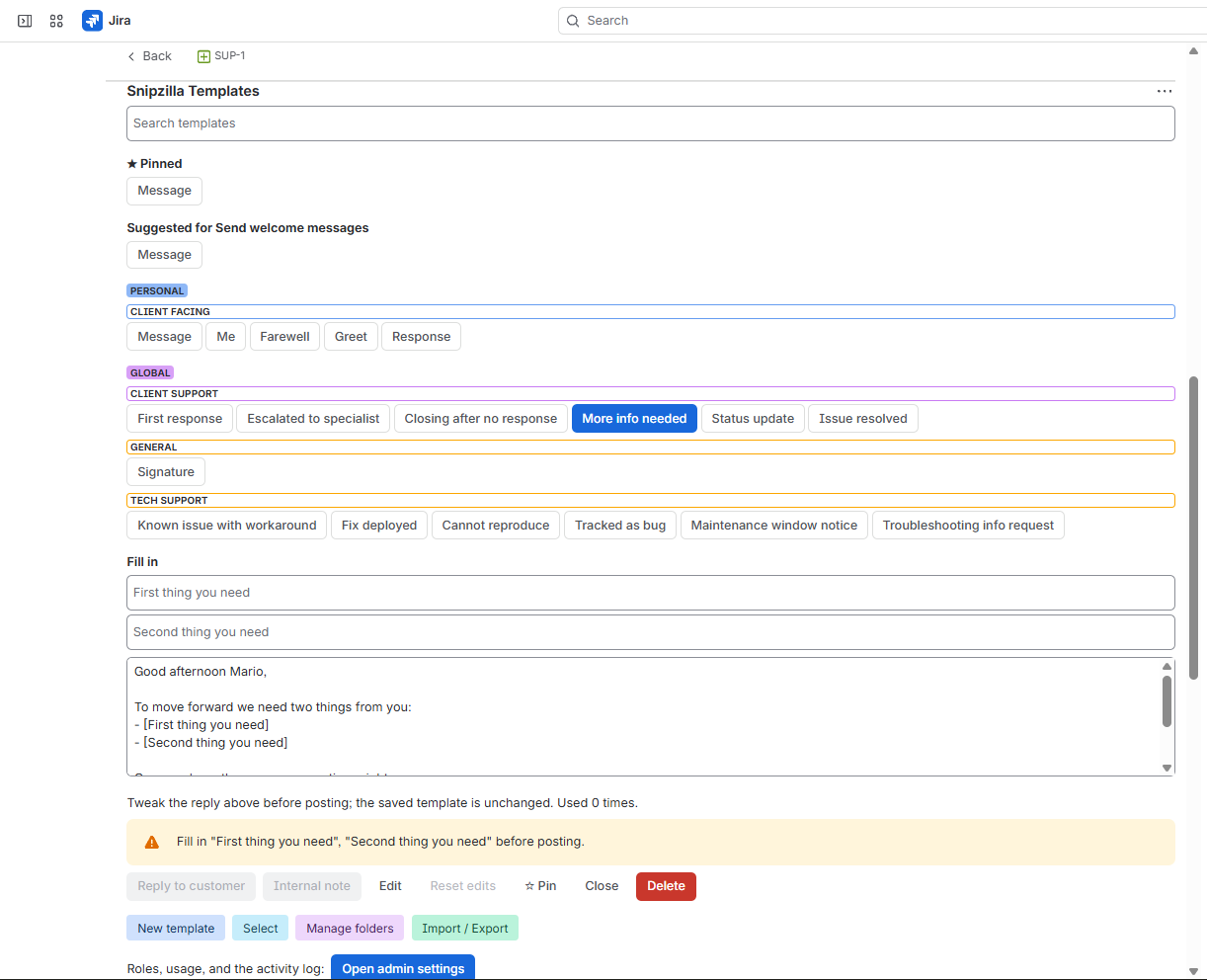 A selected template with fill-in fields and a live preview; posting stays blocked until every blank is filled