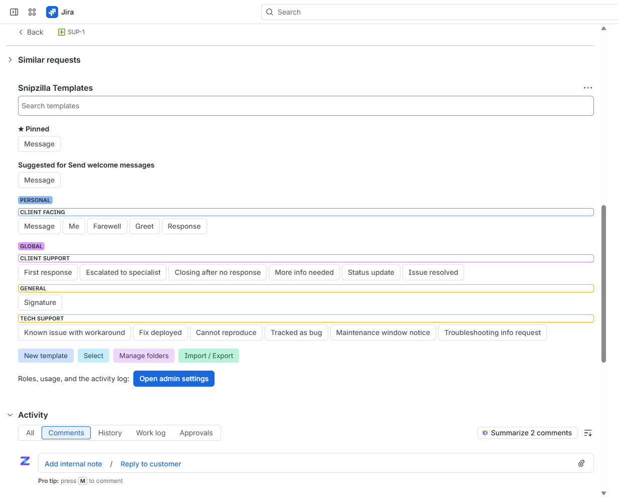 The Snipzilla Templates panel on a Jira Service Management ticket, with pinned, suggested, personal, and global templates in colored folders